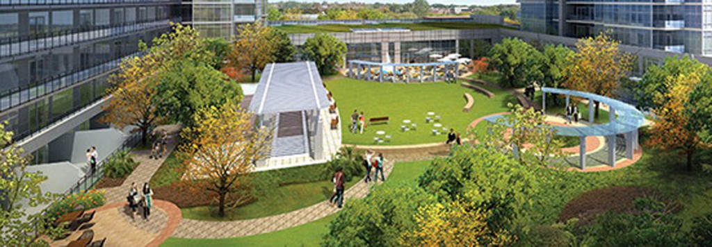 An urban Oasis  Private rooftop terraces edge the public rooftop park which features a shaded bocce court, sunning lawns, café terrace and fire pit.