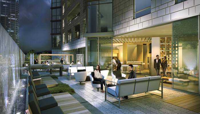 Early project rendering of the courtyard design, showing the many lounge and dining spaces incorporated in the outdoor amenity space.