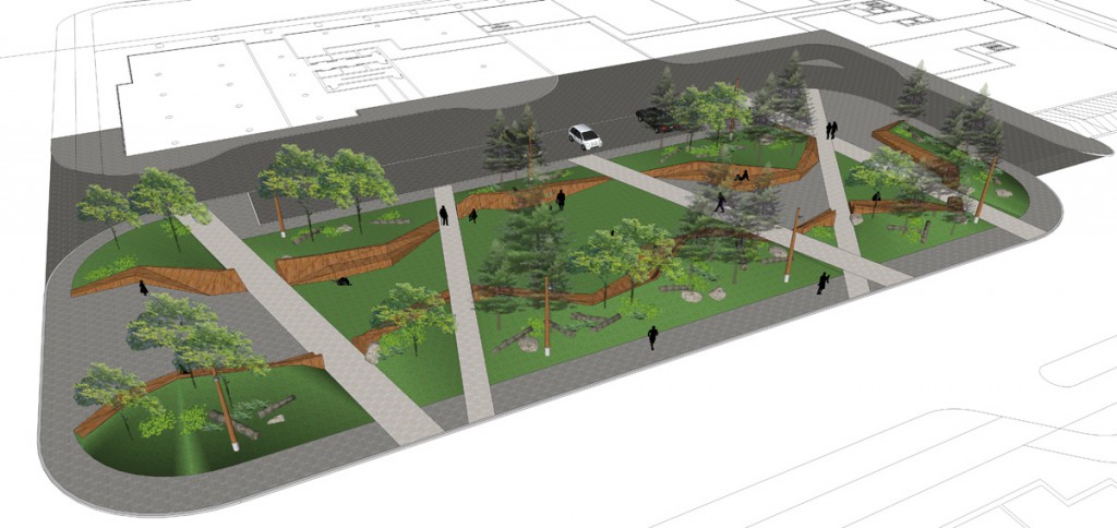 Central Park  Alternate designs for the park offer larger green lawns through raised ribbons.  Bisecting path respond to desire lines. The naturalized forms are partnered with forest litter to create playful moments for children.