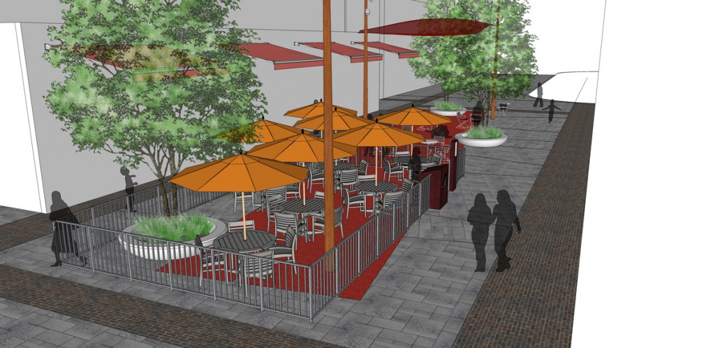 The retail plaza  In the open air courtyard, street trees and colourful umbrellas are placed strategically to create edges and enhance the colourful ceilings with some shade.  A fenced patio offers opportunities for licensed venues.