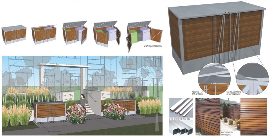 Articulated public realm  Optimization of limited outdoor spaces is facilitated with attractively designed  custom utility bins for for  street side storage. 
