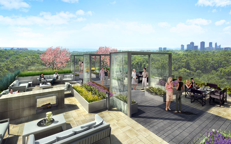 The 10th Floor terrace has expansive views of High Park and downtown Toronto, which form an unparalleled backdrop for a series of entertaining and party spaces.