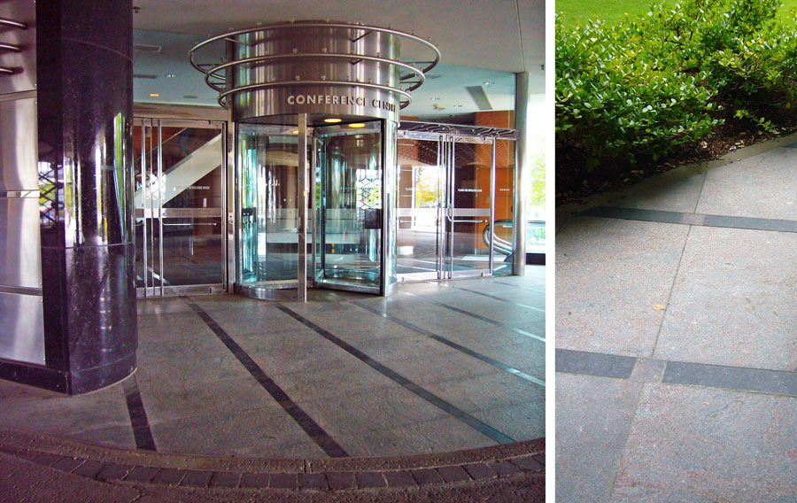 Granite paving creates a carpet at the entrance and ground floor