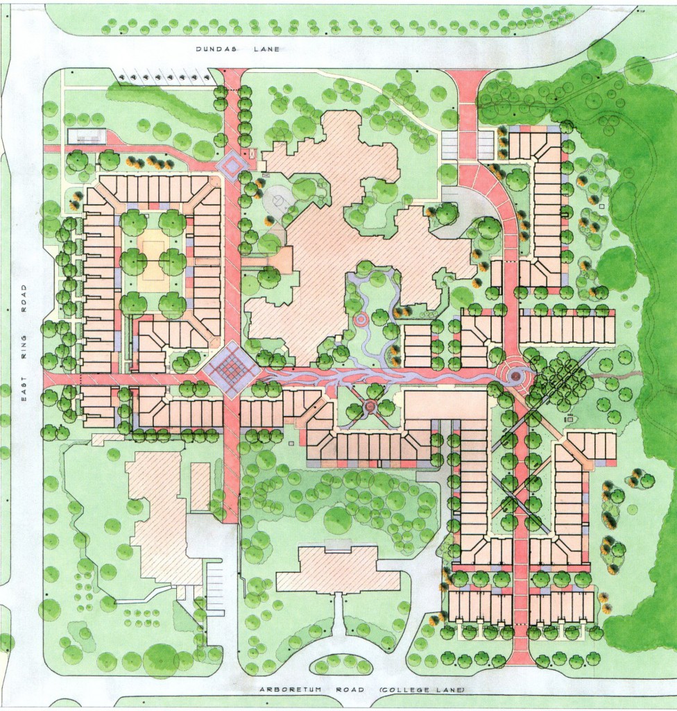 The Site Plan  The extensions of the arboretum to the east both literally and figuratively lead the design.  The planting palette and placements of the relocated trees in concert with new plantings we determined carefully with expert impute from arboretum staff.