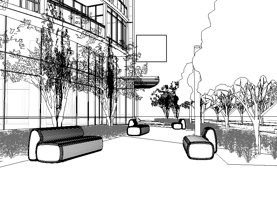 Wireframe drawing of a streetscape