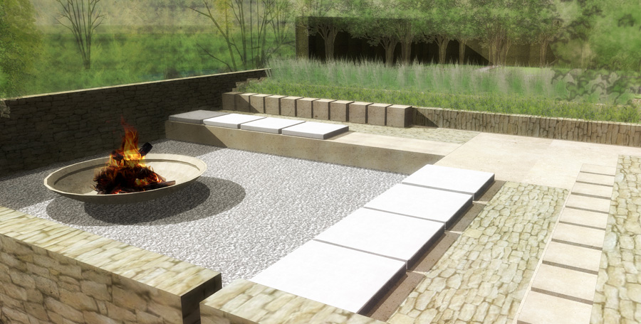 Sunken seating area with fire pit