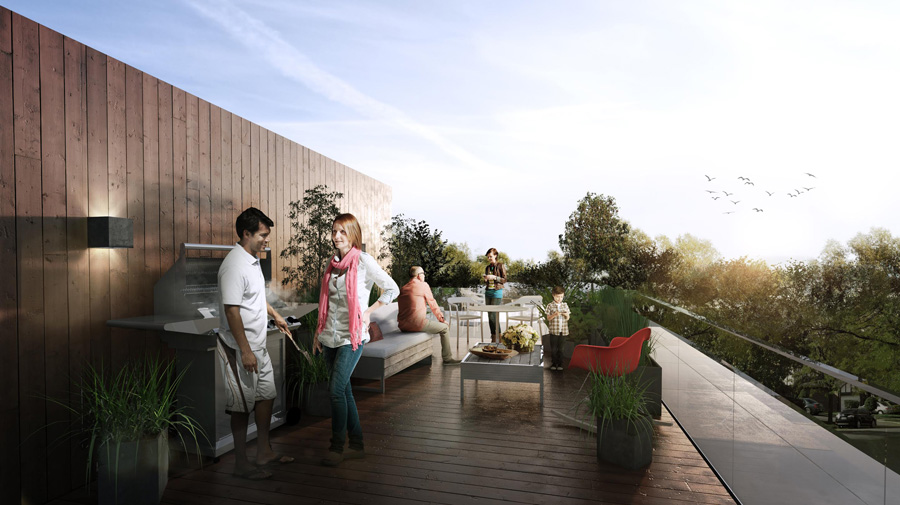 Private rooftop patios for the townhouse units
