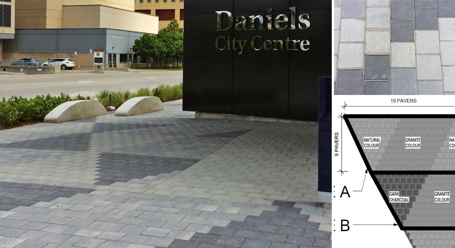 The triangulated paving pattern layout was developed when the original pattern was deemed too complex for the project.